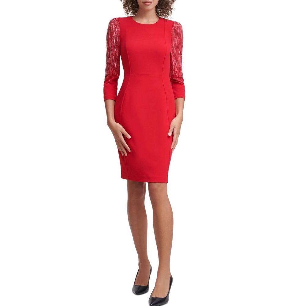 Calvin Klein Red Rhinestone Sleeve Sheath Dress CD2C178R